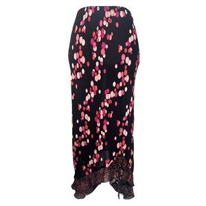 Vintage 90s Y2K Whimsigoth Midi Skirt M Black Pink Dot Ruffle Hem Pull On CJN